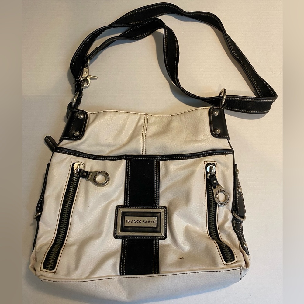 Franco Sarto White Purse with Black Strapped and with Silver Buckle closure